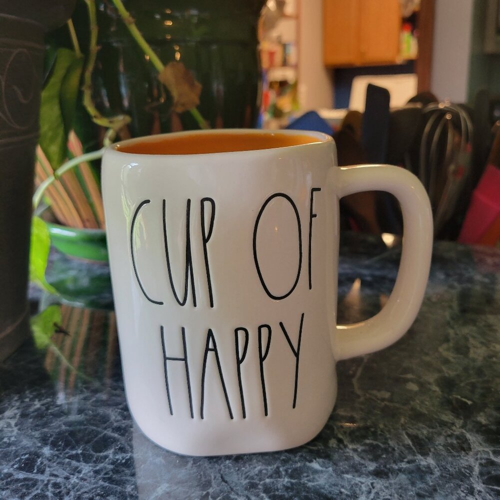 Rae Dunn CUP OF HAPPY Mug White/Orange Ceramic Coffee or Tea Cup 16oz NEW